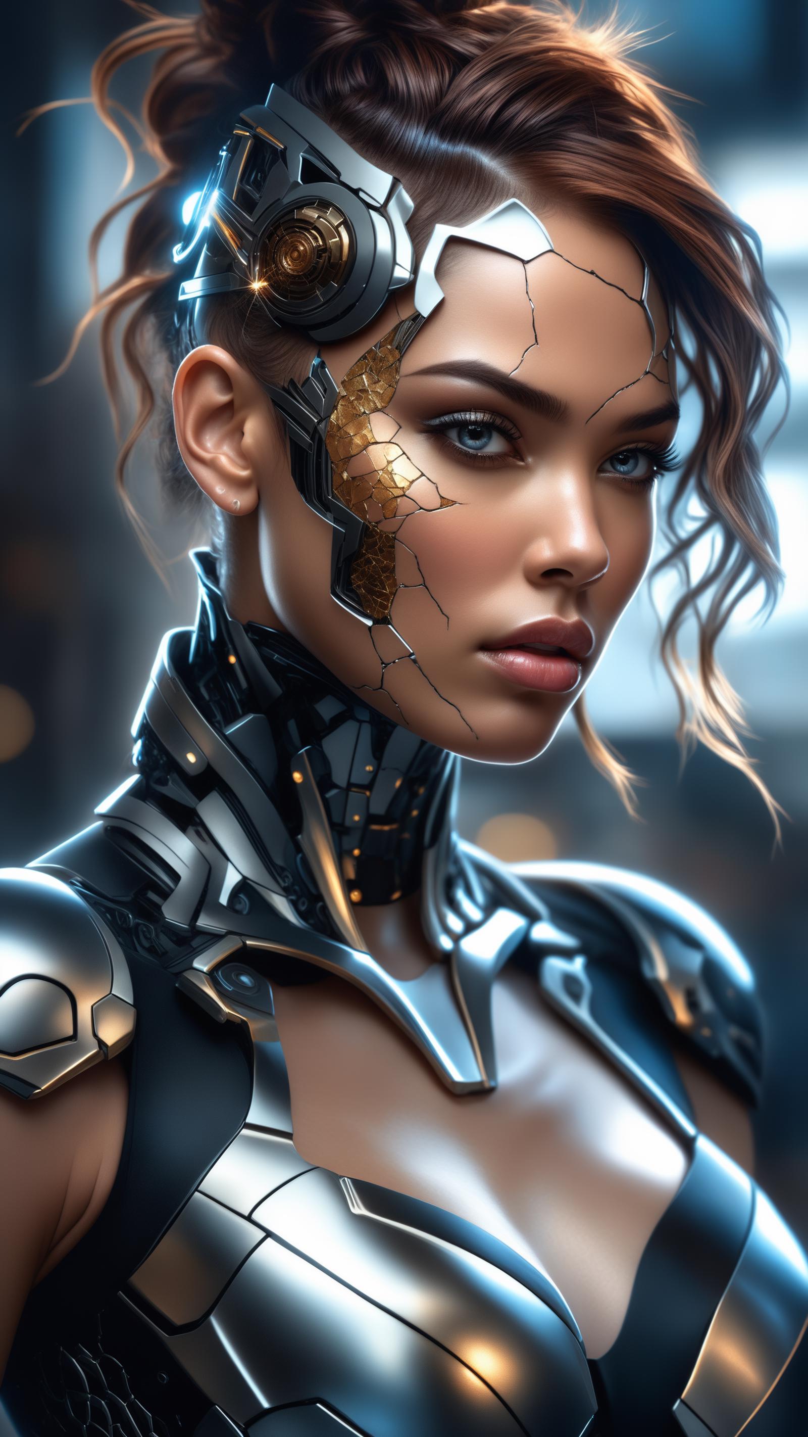 A digital painting of a woman with golden and silver robotic parts on her face and body.