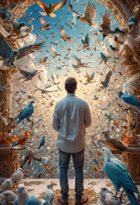 A beautiful masterpiece photo of a young man in heaven with beautiful birds and animals happy, (Very Intricate), (UHD), (Unreal Details), (Exquisite intricacies) . Selective focus, miniature effect, blurred background, highly detailed, vibrant, perspective control