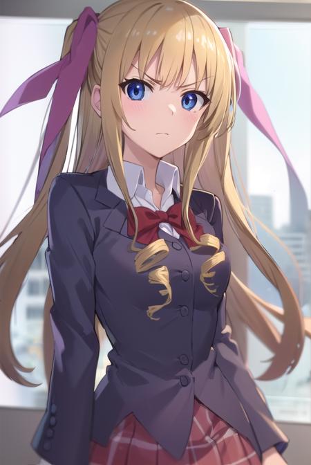 liliciatoudou, <lora:lilicia toudou s2-lora-nochekaiser:1>,
lilicia toudou, long hair, blue eyes, blonde hair, ribbon, hair ribbon, drill hair, angry, frown,
BREAK skirt, school uniform, plaid, plaid skirt, shirt, white shirt, collared shirt, jacket, long sleeves,
BREAK indoors, classroom,
BREAK looking at viewer, (cowboy shot:1.5),
BREAK <lyco:GoodHands-beta2:1>, (masterpiece:1.2), best quality, high resolution, unity 8k wallpaper, (illustration:0.8), (beautiful detailed eyes:1.6), extremely detailed face, perfect lighting, extremely detailed CG, (perfect hands, perfect anatomy),