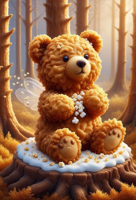 A massive, deep-fried bear, its golden-brown fur shimmering under the amber glow of a caramel-coated sun, lumbers through a magical forest made entirely of sugary, crunchy treats. The trees, tall and elegant, are sculpted from delicate layers of flaky pastry, their leaves a vibrant mix of spun sugar and crispy cereal flakes. Pools of molten white chocolate bubble between the waffle-rooted trunks, while tiny, popcorn-shaped bees buzz through the air, pollinating the cotton-candy blossoms. The bear lets out a satisfied growl, shaking tiny powdered sugar flakes from its crispy ears as it sniffs the air, detecting the scent of something even more delicious just beyond the next hill. DFC