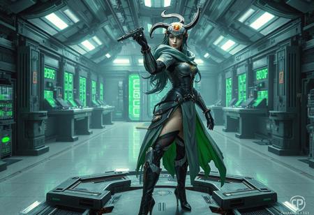 Binary Sorceress, cinematic, cyber metal stand, brain research lab, gray & green, red/yellow emblem, visor helmet, black boots, dynamic pose, right-facing, detailed face, intricate clothes, octane render, unreal engine 5, Artstation trending, vivid emotions, joyful, powerful message, beautiful detailed eyes, CGSociety, Golden Ratio, ultra detailed isometric landscape by nekroxiii, ominous elaborate abstract surrealism, symmetrical, ruins, airbrush, intricately detailed.