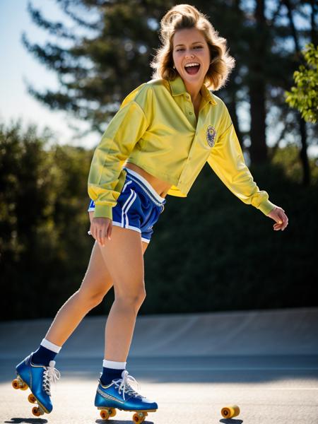 A beautiful ch3rylt woman,1girl,solo,breasts,looking at viewer,smile,open mouth,blonde hair,shirt,outdoors,shorts,teeth,socks,tree,short shorts,leaning forward,realistic,tied shirt,skates,roller skates,inline skates,soft lighting, professional Photography, Photorealistic, detailed, RAW, analog, sharp focus, 8k, HD, high quality, masterpiece<lora:ch3rylt:1.0>