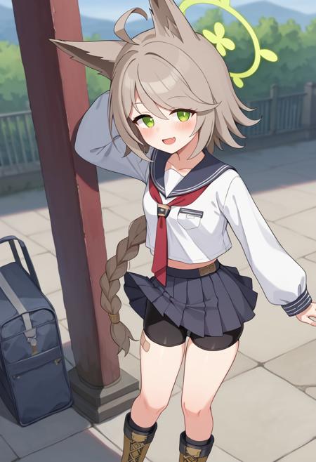 otogi-default, otogi \(blue archive\),green eyes,grey hair,single braid,animal ears,ahoge,halo,headset,sailor collar, serafuku, long sleeves,pleated skirt,bike shorts,boots,knee pads,bandaid,(armband:0.8),gloves otogi-weponless, otogi \(blue archive\),green eyes,grey hair,single braid,animal ears,ahoge,halo,sailor collar, serafuku,long sleeves,pleated skirt,bike shorts,boots