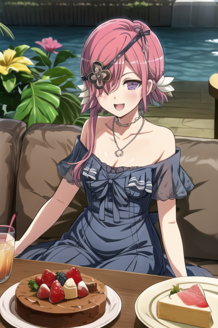 masterpiece, best quality, <lora:kazakiri-10:1>, 1girl, kazakiri \(senran kagura\), pink hair, short hair, sidelocks, short hair with long locks, hair over one eye, purple eyes, eyepatch, flower, flower eyepatch, ribbon, solo, solo focus, facing viewer, looking at viewer, sideway glance, pov, happy, smile, open mouth, breasts, flat chest, collarbone, dress, frills, frilled dress, blue dress, necklace, sitting, couch, on couch, cafe, indoors, table, plate, cake, cake slice, strawberry, tropical drink, drinking straw, dutch angle, dated, cowboy shot, simple background, <lora:flatBG:1>, <lora:add_detail:1>,