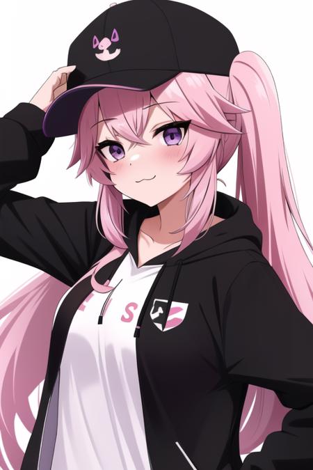 <lora:nyatasha_nyanners:1>, nyatasha nyanners, masterpiece, best quality, 1girl, virtual youtuber, pink hair, hat, purple eyes, hood, black hoodie, hoodie, looking at viewer, long hair, hand on hip, black headwear, white background, hand on headwear, baseball cap, solo, twintails, :3, hair between eyes, smile, blush, simple background, bangs, breasts, upper body, long sleeves, clothes writing, heart, closed mouth, medium breasts, eyepatch, arm up, hood down