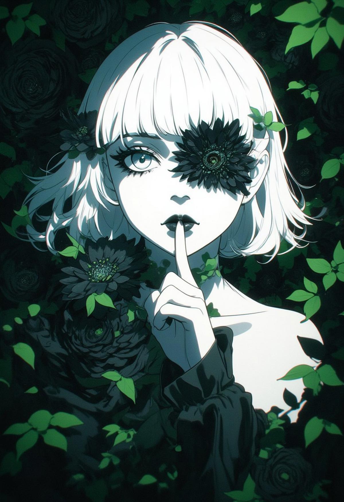 An Acrylic style painting that is expressive, gives it a dynamic and emotional quality. Anime art of a stylized portrait of a woman with a ethereal black and green mist surrounding her body. The mist creates a dramatic and surreal effect. A black flower, that is blooming, covering one eye, attached to the face. The woman has a cold aesthetic, complimented by her white hair. Anime art of woman draped in shadows with a lighting that enhances her unique features.
The background is dark green, filled with black rose petals.
Holding finger to lips, shush, shushing motion,