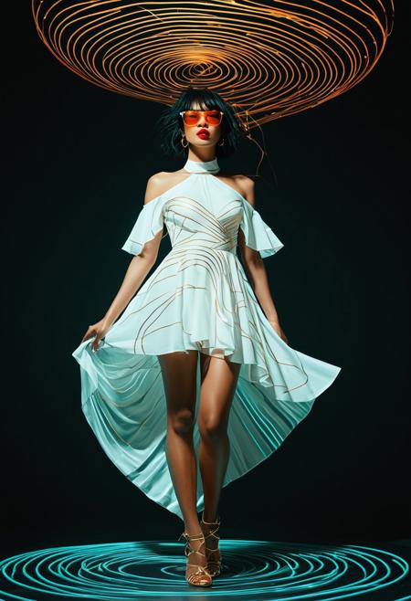 image of a 25yo, a young korean woman, pale fair skin, pretty, red lips, dark asymmetric shoulder-length hair cut hair, messy hair,  fashionable, A dark skin african  woman levitating above a spiraling vortex, her body draped in fabrics with geometric shapes. white dress, with orange gold shapes, teal while spirals light projection, light projection effect, neckbone, off-shoulder dress, dark background pitch black background, depth, artistic composition, surreal editorial photography, conceptual fashion art, bold color contrast, dramatic lighting, high-concept staging, hyperrealistic depth, avant-garde poses, stylized human figures, immersive narrative composition, fine art fashion fusion, visually striking surrealism, theatrical visual storytelling, high fashion, gel lighting, lighting projection from offscreen, projector, realism, poster, glass, tinted eyewear, digital glitch background, glass body, see-through, digital glitces, <lora:FF.101.juggernautXL_version6Rundiffusion.LORA:0.75> <lora:fenn_neoncolor:0.76> <lora:Elegence_Niji:0.8> <lora:mot_wwm:0.35> <lora:NeonSpectra:1>