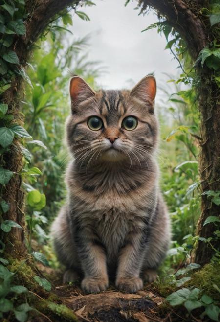 macrophotography, realistic fantasy landscape, (housecat: 1.29), 8k UHD (cat-eyes) (highest coherency: 1.59) (highest quality: 1.39) (symmetrical) (beautiful-cats-eyes) (Canon EOS R6 Mark II) (Fujifilm X-S20) (vertical-slit pupils: 0.89) (dense underbrush)