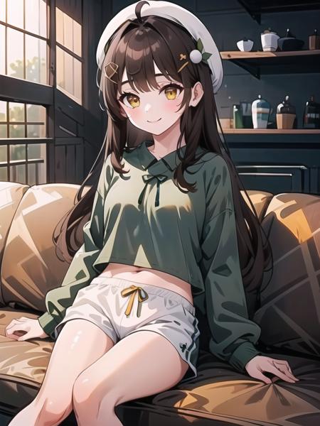 (1girl, solo, masterpiece, best quality, extremely detail), <lora:korean_streamer_v3.1-000014:0.8>, light smile, dolphin_shorts, hair, indoors, sitting, on couch, (mange, ahoge, yellow eyes, hair ornament, white headwear, beret, long hair, brown hair, smile, hair intakes, orange eyes)