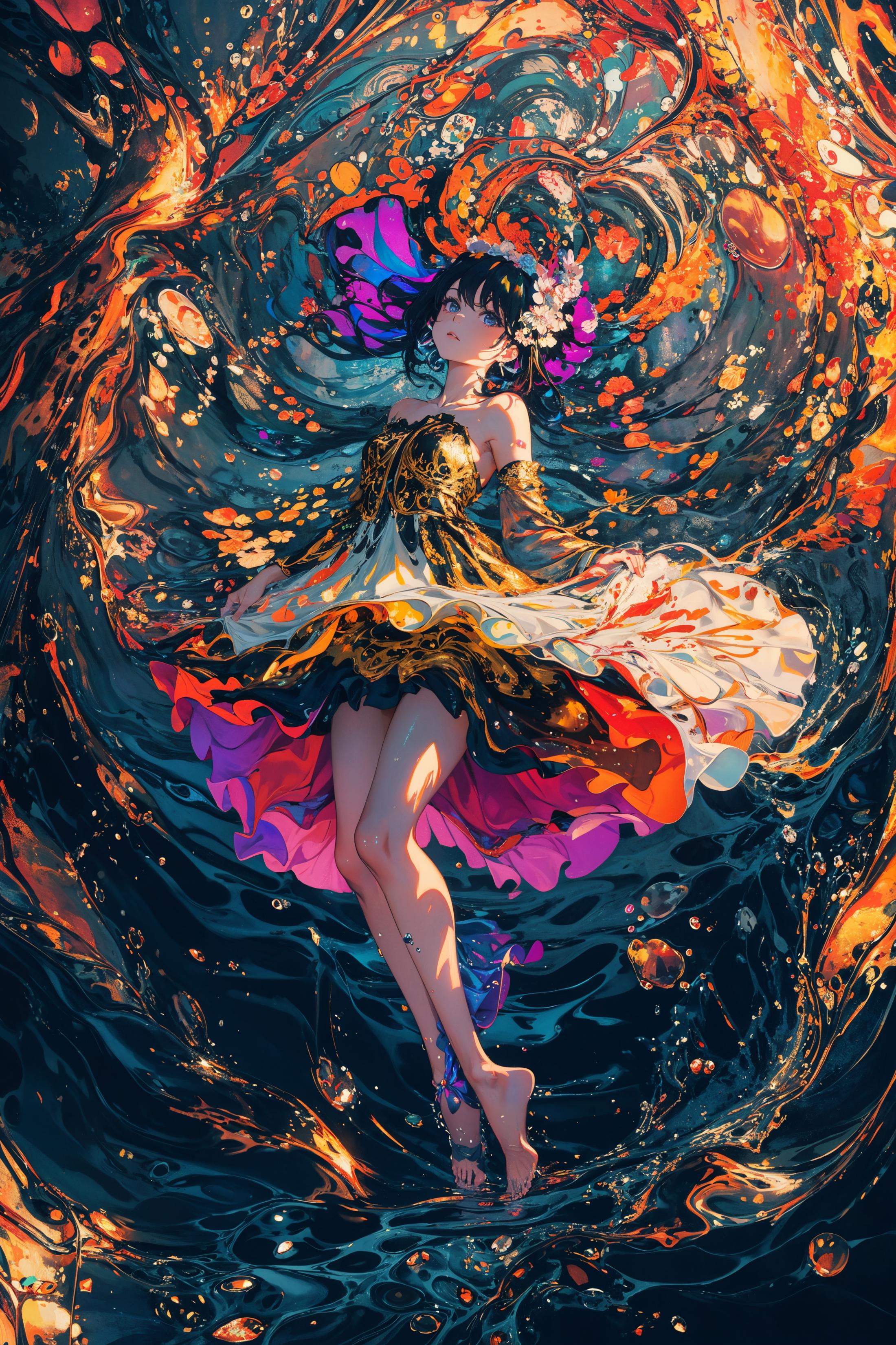 Anime-style artwork of a woman in a flowing dress surrounded by swirling colors and bubbles.