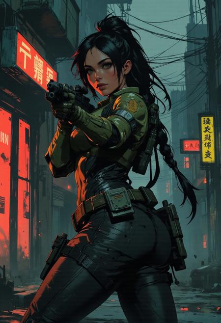 magnificent, closeup portrait, female bounty hunter, braided black hair, futuristic armor, halo spartan, spartan armor, sexy, curvy, large breasts, large ass, aiming a sniper rifle, sniper rifle, aiming rifle, holstered pistol, Cyberpunk City, Neon Lights, foreshortening,
solo, 
Cowboy Shot, close up, from above,