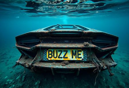 Totally Rusted wreck of Lamborghini Temerario underwater rusted number plate with text "BUZZ ME", cinematic, post apocalyptic look, seabed