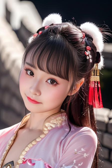 <lora:xiaodan:0.85>, Chinese theme, raw color photo, medium shot, realistic, 1girl, a 21-years-old girl, on great wall, hanfu, best quality, detailed eyes, beautiful and symmetrical face, slim body, small breast,  innocent expression,  pureerosface_v1, photorealistic, lighting, nighttime, dynamic_color_range