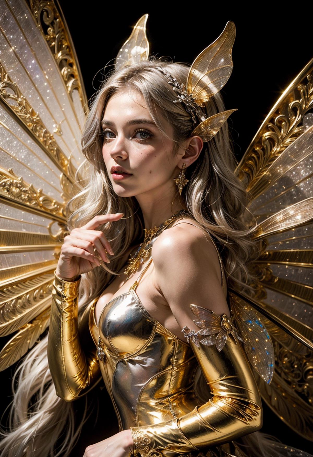 A blonde woman with a gold crown and gold wings on her shoulders.