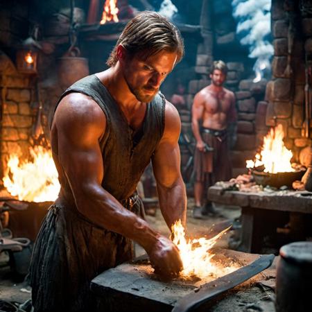 highly detailed candid photo of blacksmith:1.2,

1boy,  fire, muscular, tattoo, manly, topless, messy hair, weapon, torch, table,

masterpiece, best quality:1.1, realistic:1.3,
back lighting:1.0, 

ultra photoreal, photorealistic:1.0, sharp focus:1.1, 
depth of field:1.1, 

50mm, style of Nathan Wirth, Hasselblad X1D II, Porta 160,
