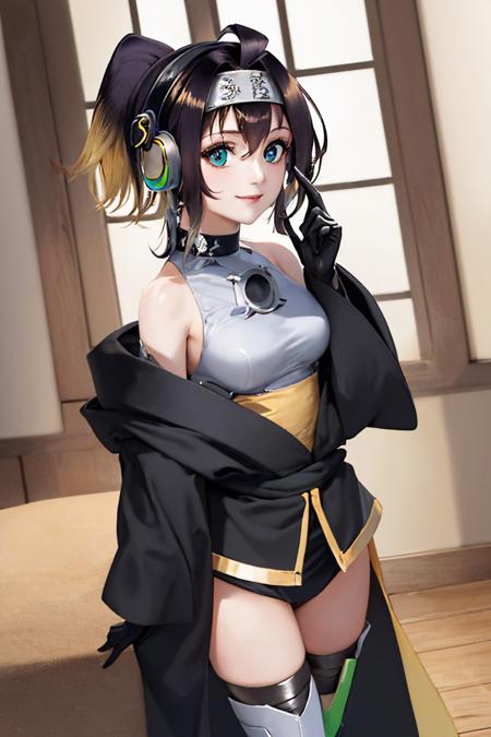 ygosforce ahoge ponytail headband headphones japanese clothes thighhighs black gloves bare shoulders