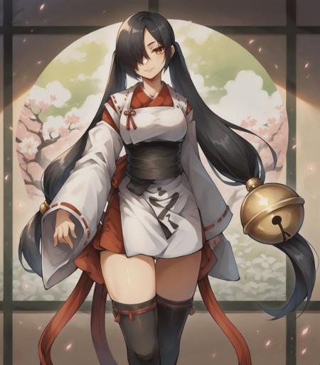 TenchuKagura miko,black hair,very long twintails,hair low-tied ball bell,hair over right eye,long wide ribbon-trimmed white sleeves,japanese clothes,sash,behind waist long ribbon,black toeless thighhighs,