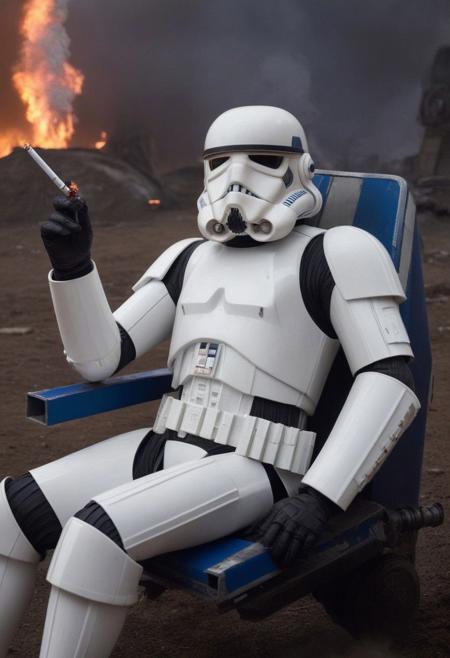 image of an exhausted stromtrooper who has taken off his helmet and you can see his face, which is that of vladimir poutine, looking exhausted, smoking a cigarette while sitting on R2D2. In the background, you can see the Millennium Falcon burning.