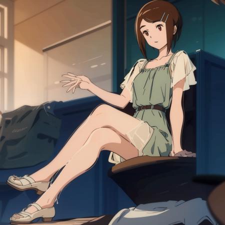 ,((masterpiece: 1.2)),ultra-detailed, ultra high res, high quality, 4K, solo, 1girl,extreamly delicate and beautiful,illustration,masterpiece,(illustration),(highres),(fullbody),sitting,crossed leg,brown_hair,short_hair,hair_ornament,hairclip