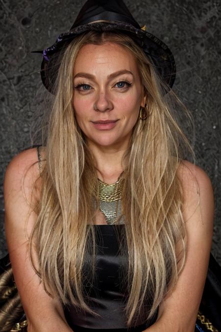 <lora:Cherry_Healey:1> masterpiece, best quality, detailed face, 1girl, solo, realistic, c1873h, long blonde_hair, witch costume ,  dam , day