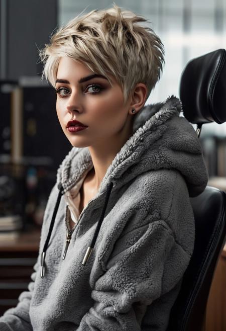 analog photo, masterpiece, best quality, photorealistic, woman wearing fluffy hoodie, hoodie opened over her boobs, (pixie hair cut, undercut hair, short blond hair shaved on the side and darker roots), smokey eyes, dark lipstick, full body, (view from above), a beautiful sile, dynamic view, sitting on office chair, earings, 35mm, f1.4, partial nudity, highly detailed, perfect body, perfect skin, perfect anatomy, best quality, realistic, extremely detailed, an extremely delicate and beautiful, RAW photo, realism, office, raw photo, 4K, steampunk