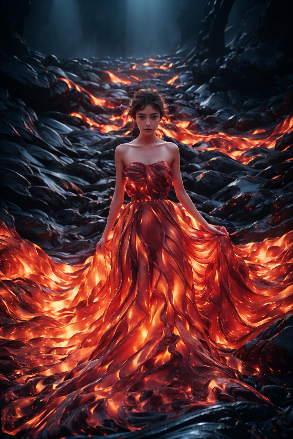 A woman wearing a red dress poses in front of a fiery lava flow.