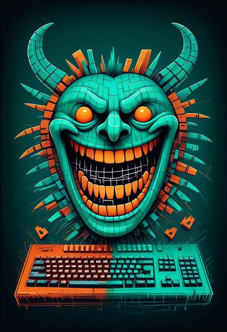 an adroit d3press1on illustration, in the playful scribble drawing style. triadic complementary colors, dark and moody surreal nightmare of an eerie laugh, teeth are jagged keyboard keys, a mouth distorted, wide grin, and full of teeth made of keyboard keys, in the realm of the damned dreaded souls, teal and orange color grading, yellow abstract geometric gradients stain the orangish background
"The Keyclaw"