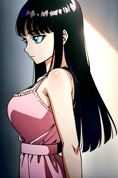 <lora:OGT_Mai_DBZ-v1:0.9> (extremely detailed CG unity 4k wallpaper),(masterpiece),(best quality),(ultra-detailed),(best illustration),(best shadow),(absurdres),(detailed background), Mai, 1girl, solo, black hair, dress, bangs, long hair, blue eyes, blunt bangs, upper body, medium breast, bare shoulders, (pink night gown), looking away