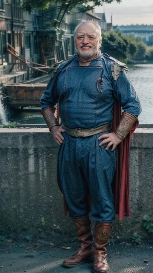 A man in a cape and blue pants standing by a waterway.