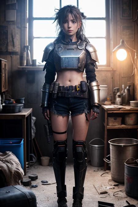 Dystopian, full body 8k Cinematic Film Still, female teen cyborg, Blue yonder hair, wearing broken battle armor, at cluttered and messy shack , action shot, tattered torn shirt, (detailed skin), skin pores, alluring eyes, very dark cinematic lighting, heavy shadows, intricately detailed, detailed facial features, RAW, 50mm lens, (vibrant, photo realistic, realistic, dramatic, dark, sharp focus, 8k)