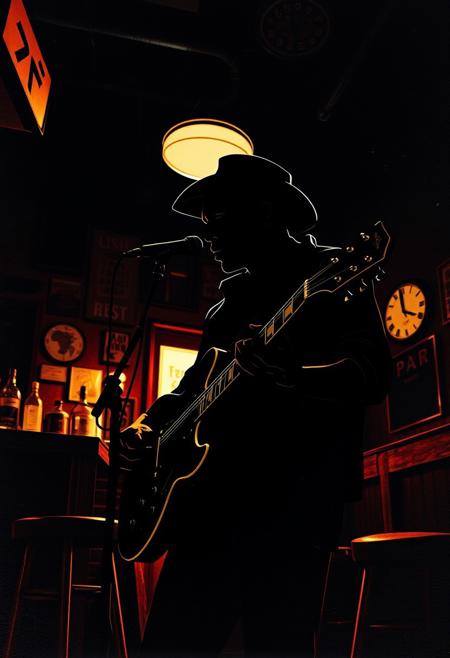A high-angle perspective illustration using layered papier-mâché material and silhouetted backlighting. The subject is Robert Johnson in a gritty Alabama bar.  The style is contemporary, with sculpted textured layers and a focus on the light source behind the subject, creating a dramatic effect.
