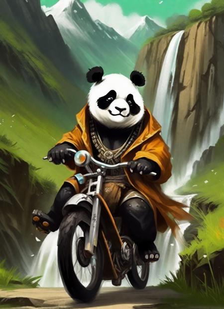 a panda wearing a jacket,it ride a bike on a road of grassland, there is a high mountain far away, and a waterfall falls from the mountain, extremely fascinating landscape, chibi, oil painting  <lora:twtk_1.0:1>