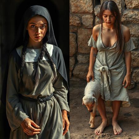 A young woman, 18 years old, with sun-kissed skin and a full, real body shaped by work and silence. Her long dark hair is braided tightly under a black nun's veil. In one scene, she wears a traditional nun's habit—tight at the waist, flowing around her legs, hinting at her full breasts and strong thighs beneath. Her eyes are deep brown with a red hue in the light, calm but intense, walking through a stone cloister with a heavy, holy grace.
In contrast, she appears barefoot in a second scene, wearing a short white linen shirt soaked with sweat, clinging to her back and chest. Her rough wool pants are tied with a rope. A drop of sweat rolls down her neck, disappearing between her breasts as she kneels to milk a goat. Her hair is loose, tied only by a faded ribbon. Her presence is both earthly and sacred. The ground knows her. And bows.