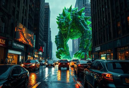 aidmaImageUpgrader, a random photo, on the streets of new york, traffic jam, burning buildings, green flames, giant ulty detailed monster made of jade crystals in the background, at night, raining, ultra realistic looking,