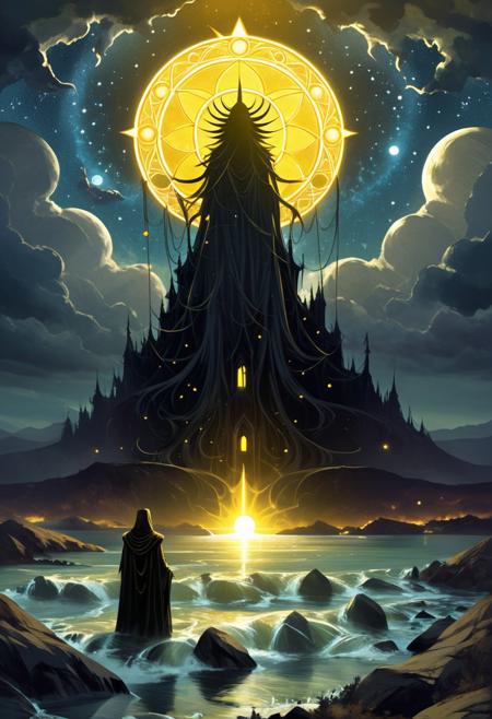 Hastur, cosmic horror, dark art, King in Yellow, by alexandre calame, Along the shore the cloud waves break The twin suns sink behind the lake The shadows lengthen In Carcosa Strange is the night where black stars rise And strange moons circle through the skies But stranger still is Lost Carcosa Songs that the Hyades shall sing Where flap the tatters of the King Must die unheard in Dim Carcosa Song of my soul my voice is dead Die thou unsung as tears unshed Shall dry and die in Lost Carcosa
