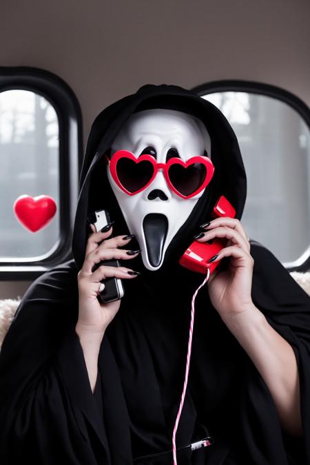 Ghostface Baller,  solo,  1boy,  holding,  male focus,  heart,  nail polish,  window,  mask,  phone,  sunglasses,  cellphone,  black nails,  holding phone,  cigarette,  drinking straw,  smoking,  heart-shaped eyewear, <lora:EMS-44589-EMS:1.000000>