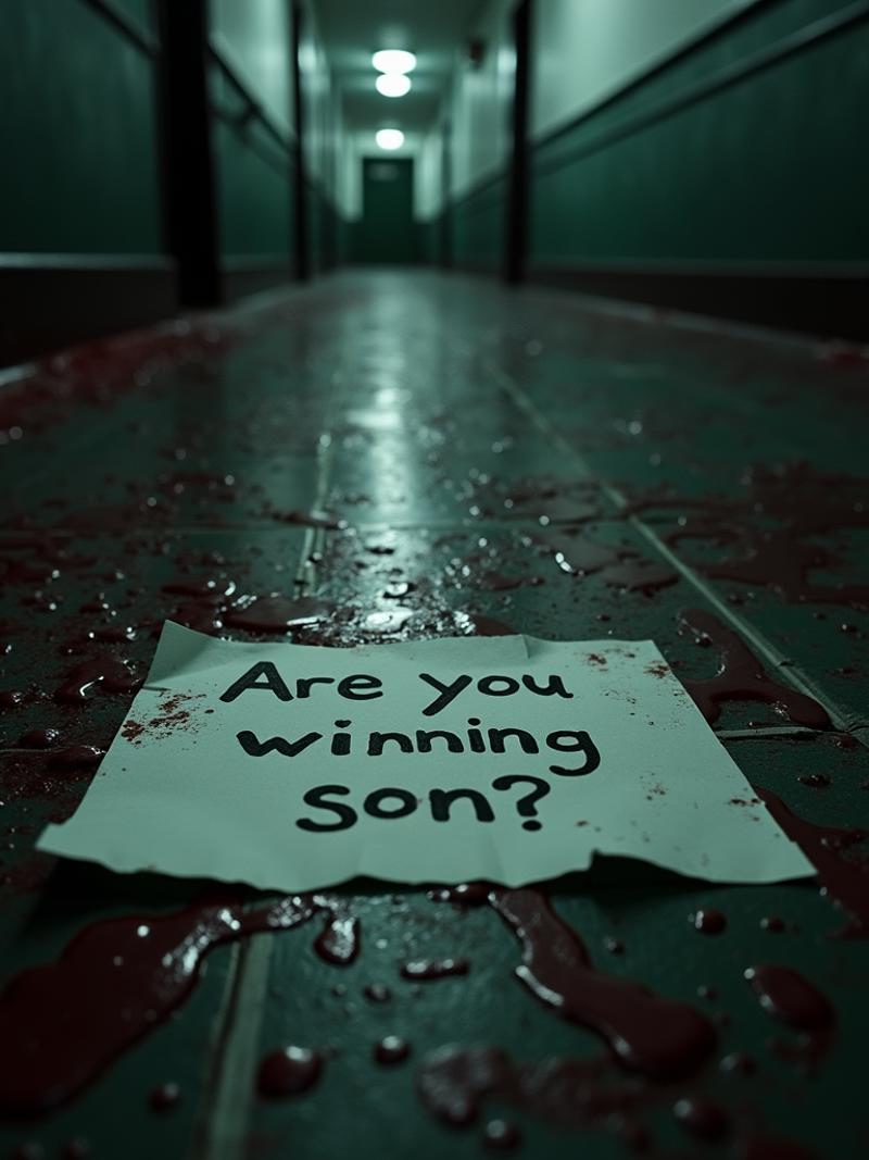 Text 'Are you winning son?' written on a piece of paper lying on the bloody floor of a dimly lit asylum hallway