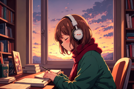 <lora:Homework_Desk:0.6> masterpiece, best illustration,  ((anime)), 1girl, solo, headphones, brown hair, closed eyes, window, indoors, red scarf, sitting, tree, scarf, sweater, short hair, desk, sunset, book, from side, blurry