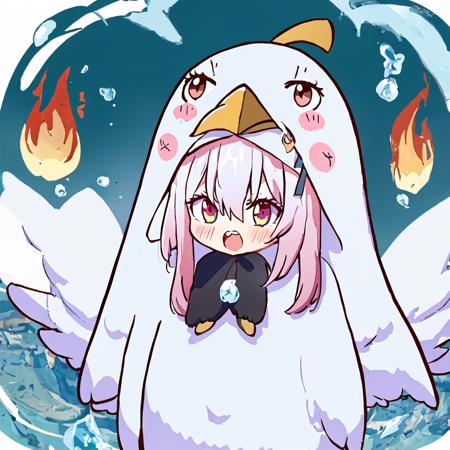 (masterpiece:1,2), best quality,bird costume
1girl, solo, long hair, red eyes, smile, bangs, blush,hair between eyes, upper body, looking at viewer,  breasts, water, teeth, very long hair, bubble, long sleeves, upper teeth only, water background, cast fire in hand, blue fire ,background, full body,
 <lora:bird costume:1>