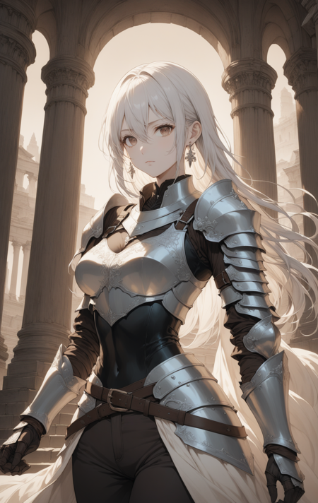 masterpiece, best quality,
1girl, breasts, armor, looking at viewer, shoulder armor, belt, cleavage, white hair, long hair,  gloves, solo, pants, earrings, medium breasts, jewelry, cleavage cutout, black gloves, pauldrons, closed mouth, hair between eyes, standing, cowboy shot, pillar, black pants, gauntlets, breastplate, sepia tones, 
highres, 4k, 8k, intricate detail, cinematic lighting, amazing quality, wallpaper <lora:aesthetic_anime_v1s:1>