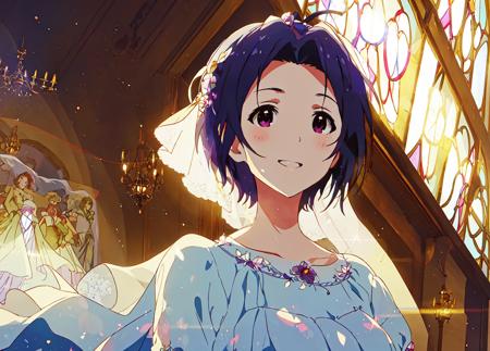 <lora:miura azusa:0.8>,miura azusa,masterpiece,best quality,super fine illustration,1girl,stain glass,wedding_dress,available light,(light leaks:1.2),happy,