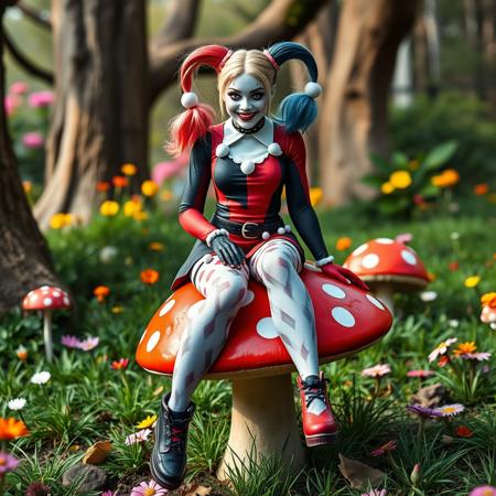 Harley Quinn sits on a brightly coloured toadstool in an Alice in Wonderland setting. high quality, high definition Image, long shot, deep focus, low level shot