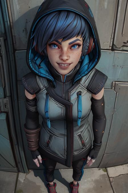 Ava, short blue hair, blue eyes,freckles , standing, leaning on wall, upper body, relaxing, smile,  close up, 
AGear,headphones,hood up , fingerless gloves ,pants ,shoes,
outer space, monk temple, 
(insanely detailed, beautiful detailed face, masterpiece, best quality)     <lora:Ava:0.7>