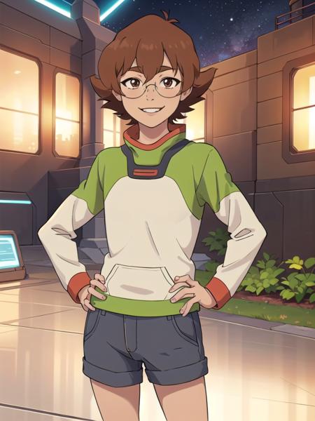 , (1girl), masterpiece, 8k HDR, hires, high resolution, best quality, beautiful eyes, perfect lighting, (sharp focus), (solo),   <lora:Pidge:0.8> pidge , Brown hair, short hair, glasses, long shorts, long sleeve, (standing on alien planet), hero pose, hands on hip, wide smile,