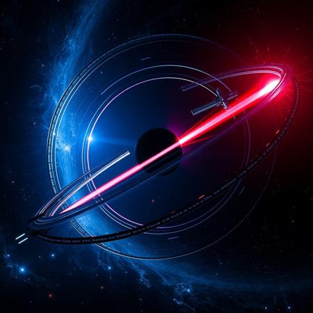 Dyson sphere made of multiple rings surrounding a black hole, deep space, futuristic space station observatory, orbiting Dyson sphere, black hole emitting red and blue energy, gamma ray burst,