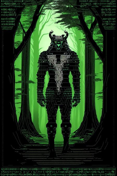 A mystical forest guardian, half-human and half-beast, stands watch over an ancient grove, a deep connection to nature evident in their piercing gaze and serene demeanor: forest protector:0.9, mystical creature:0.8, ancient grove:0.7, nature's bond:0.6. , ascii_art , ascii art,