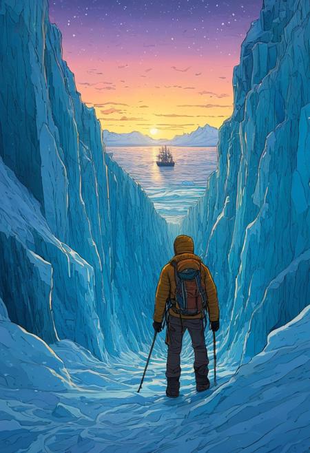 Cape Town in the Van Gogh style, starry sky, Dan Mumford, Andy Kehoe,  A daring adventurer navigates a narrow, icy ledge on a towering glacier under the pale light of an arctic dawn. They wear a heavy, fur-lined jacket with climbing gear strapped tightly, their breath visible in the freezing air. Below them, a vast frozen ocean glimmers, while in the distance, the silhouette of a long-forgotten shipwreck emerges from the frost. The scene is tense and exhilarating, inspired by the epic scale of Albert Bierstadt and the crisp realism of Pascal Blanche.