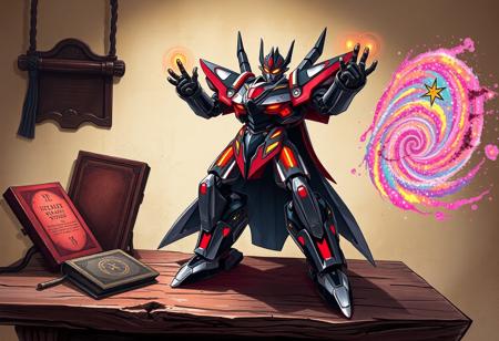 A dynamic fantasy illustration depicting the Galaxy Wizard robot in a powerful, action-ready pose, rendered with a dramatic splash ink illustration style. The robot, gleaming with black and silver armor, vibrant red and yellow energy accents, and an intense red visor, stands majestically on an ancient, gnarled wooden tabletop. Its outstretched arms pulse with latent energy. To its left, a shadowy, arcane grimoire, its contents unknown, glows faintly with mystical runes. To its right, a swirling vortex of multi-colored cosmic dust, hinting at an unknown device, shimmers with harmonious colors. The backdrop is a simple beige wall, subtly transformed into an ethereal, starlit canvas with elements of a beautiful matte painting. This piece embodies a powerful message and a joyful impact through its vivid emotions. Achieved with a creative angle and a balanced editing, this piece showcases a Grammer Effect Style, trending on CGSociety and Artstation, with stunning, multi-colored hues and a golden ratio composition.