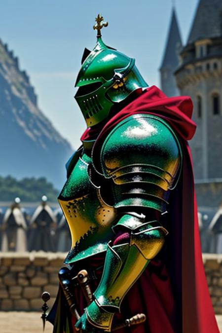 1boy, solo, solo focus, teenage, wear medium armor, green armor theme, outdoor, cape, castle in the background, knight, armor, helmet
