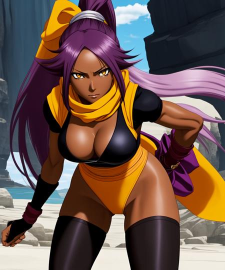 (yoruichi:1.1),, long hair, breasts, large breasts, thighhighs, gloves, yellow eyes, ponytail, purple hair, dark skin, scarf, leotard, dark-skinned female, rock,
 <lyco:yoruichiDogu:0.96>